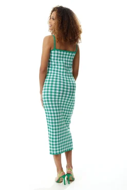 Women’s Midi Dress in Dark Green and White Check, Sleeveless, Chic Knitted Fabric, Figure-Flattering Fit