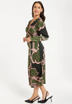 Women's Midi Dress in Dark Green with Long Sleeves and Geometric Floral Knot Front Detail by Liquorish