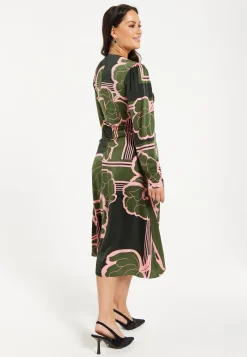 Women's Midi Dress in Dark Green with Long Sleeves and Geometric Floral Knot Front Detail by Liquorish