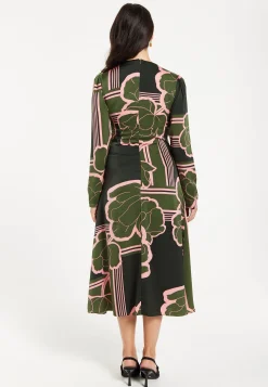 Women's Midi Dress in Dark Green with Long Sleeves and Geometric Floral Knot Front Detail by Liquorish