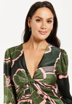 Women's Midi Dress in Dark Green with Long Sleeves and Geometric Floral Knot Front Detail by Liquorish