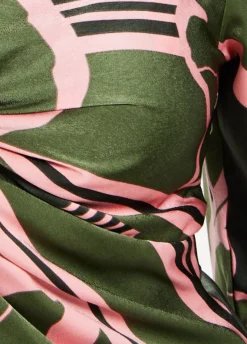 Women's Midi Dress in Dark Green with Long Sleeves and Geometric Floral Knot Front Detail by Liquorish