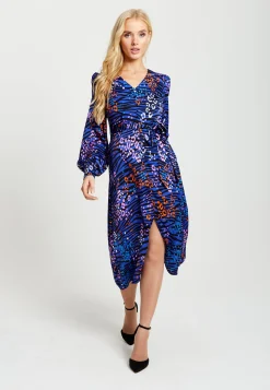 Women's Midi Dress in Electric Blue with Long Balloon Sleeves - Vivid Zebra Print by Liquorish