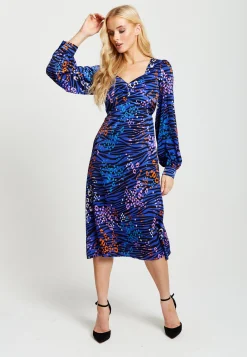 Women's Midi Dress in Electric Blue Zebra Print with Long Balloon Sleeves - Liquorish