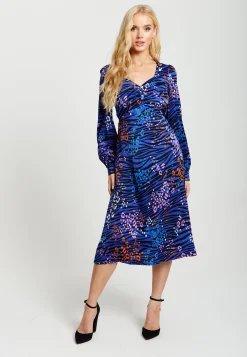 Women's Midi Dress in Electric Blue Zebra Print with Long Balloon Sleeves - Liquorish