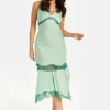 Women's Midi Dress in Elegant Green with Lace Details and Sleeveless Design - Liquorish