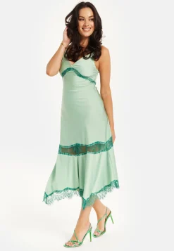 Women's Midi Dress in Elegant Green with Lace Details and Sleeveless Design - Liquorish