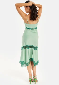 Women's Midi Dress in Elegant Green with Lace Details and Sleeveless Design - Liquorish