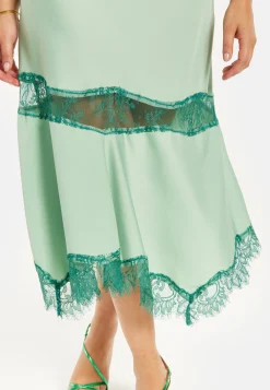 Women's Midi Dress in Elegant Green with Lace Details and Sleeveless Design - Liquorish