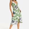 Women's Midi Dress in Floral and Bird Print with V Neck and Tie Waist, Regular Fit, Short Sleeves - Liquorish