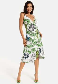Women's Midi Dress in Floral and Bird Print with V Neck and Tie Waist, Regular Fit, Short Sleeves - Liquorish