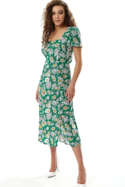 Women's Midi Dress in Floral Print with Short Sleeves and Cut Out Back - Liquorish