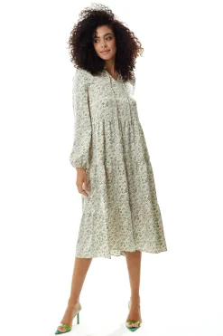 Women's Midi Dress in Floral Print with Long Sleeves and Tie Neck - Relaxed Fit Smock Style by Liquorish
