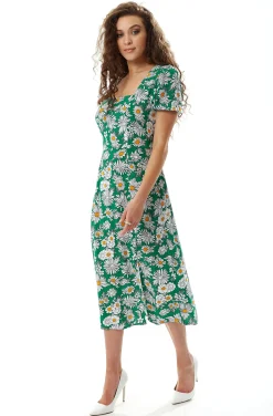 Women's Midi Dress in Floral Print with Short Sleeves and Cut Out Back - Liquorish
