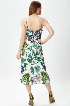 Women's Midi Dress in Floral and Bird Print with V Neck and Tie Waist, Regular Fit, Short Sleeves - Liquorish