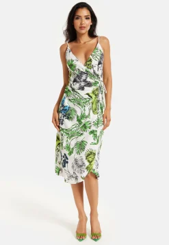 Women's Midi Dress in Floral and Bird Print with V Neck and Tie Waist, Regular Fit, Short Sleeves - Liquorish