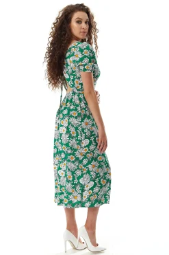Women's Midi Dress in Floral Print with Short Sleeves and Cut Out Back - Liquorish