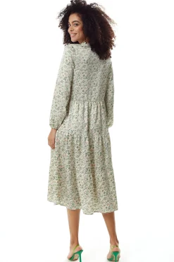 Women's Midi Dress in Floral Print with Long Sleeves and Tie Neck - Relaxed Fit Smock Style by Liquorish