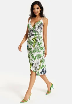 Women's Midi Dress in Floral and Bird Print with V Neck and Tie Waist, Regular Fit, Short Sleeves - Liquorish