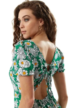 Women's Midi Dress in Floral Print with Short Sleeves and Cut Out Back - Liquorish