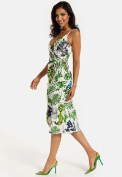 Women's Midi Dress in Floral and Bird Print with V Neck and Tie Waist, Regular Fit, Short Sleeves - Liquorish