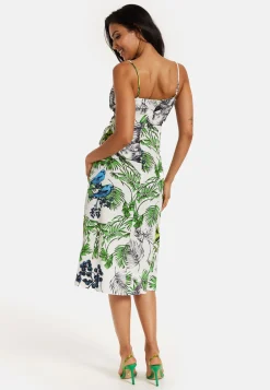 Women's Midi Dress in Floral and Bird Print with V Neck and Tie Waist, Regular Fit, Short Sleeves - Liquorish