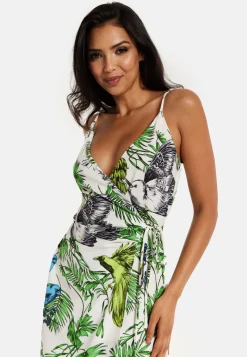 Women's Midi Dress in Floral and Bird Print with V Neck and Tie Waist, Regular Fit, Short Sleeves - Liquorish