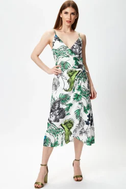 Women's Midi Dress in Floral and Bird Print with V Neck and Tie Waist, Regular Fit, Short Sleeves - Liquorish