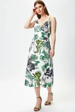 Women's Midi Dress in Floral and Bird Print with V Neck and Tie Waist, Regular Fit, Short Sleeves - Liquorish
