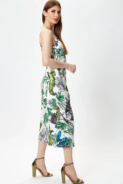 Women's Midi Dress in Floral and Bird Print with V Neck and Tie Waist, Regular Fit, Short Sleeves - Liquorish