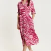Women's Midi Dress in Fuchsia Zebra Print with Long Sleeves - Button Up Shirt Dress with Tie Waist by Liquorish