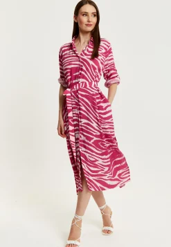 Women's Midi Dress in Fuchsia Zebra Print with Long Sleeves - Button Up Shirt Dress with Tie Waist by Liquorish