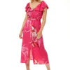 Women's Midi Dress in Fuchsia Bird Print with Off-Shoulder Sleeves - Liquorish