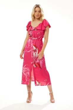 Women's Midi Dress in Fuchsia Bird Print with Off-Shoulder Sleeves - Liquorish