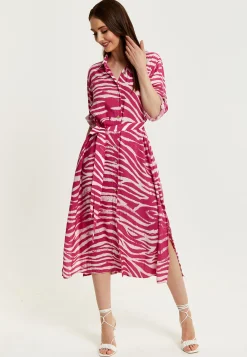 Women's Midi Dress in Fuchsia Zebra Print with Long Sleeves - Button Up Shirt Dress with Tie Waist by Liquorish
