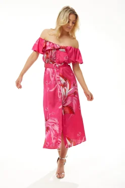 Women's Midi Dress in Fuchsia Bird Print with Off-Shoulder Sleeves - Liquorish