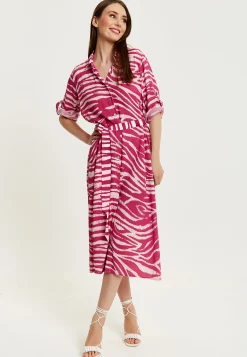 Women's Midi Dress in Fuchsia Zebra Print with Long Sleeves - Button Up Shirt Dress with Tie Waist by Liquorish