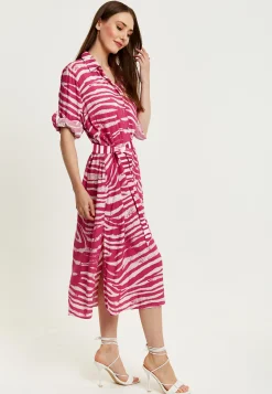 Women's Midi Dress in Fuchsia Zebra Print with Long Sleeves - Button Up Shirt Dress with Tie Waist by Liquorish