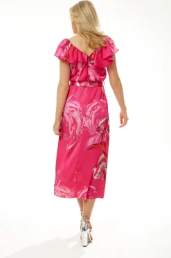 Women's Midi Dress in Fuchsia Bird Print with Off-Shoulder Sleeves - Liquorish