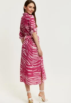 Women's Midi Dress in Fuchsia Zebra Print with Long Sleeves - Button Up Shirt Dress with Tie Waist by Liquorish