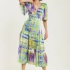 Women's Midi Dress in Green with Short Kimono Sleeves and V Neck - Abstract Print by Liquorish