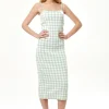 Women's Midi Dress in Green and White Check with Sleeveless Design and Fitted Style