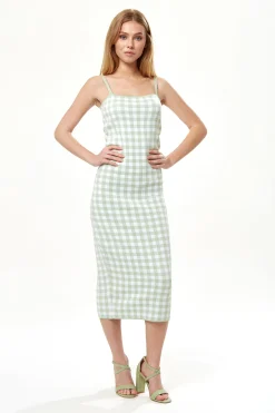 Women's Midi Dress in Green and White Check with Sleeveless Design and Fitted Style
