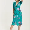 Women's Midi Dress in Green Floral with Short Sleeves and Knot Front - Slit Detail, V Neck - Perfect for Spring by Liquorish