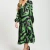 Women's Midi Dress in Green and Black Zebra Print with Long Sleeves - Liquorish