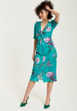 Women's Midi Dress in Green Floral with Short Sleeves and Knot Front - Slit Detail, V Neck - Perfect for Spring by Liquorish