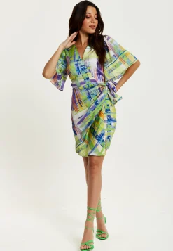Women's Midi Dress in Green with Short Kimono Sleeves Featuring Abstract Print - Liquorish