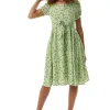 Women's Midi Dress in Green Floral with Short Sleeves and Lace Details - Tie Waist - Liquorish