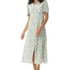 Women's Midi Dress in Green and White Gingham with Floral Print, Short Sleeves and Lace Collar - Liquorish