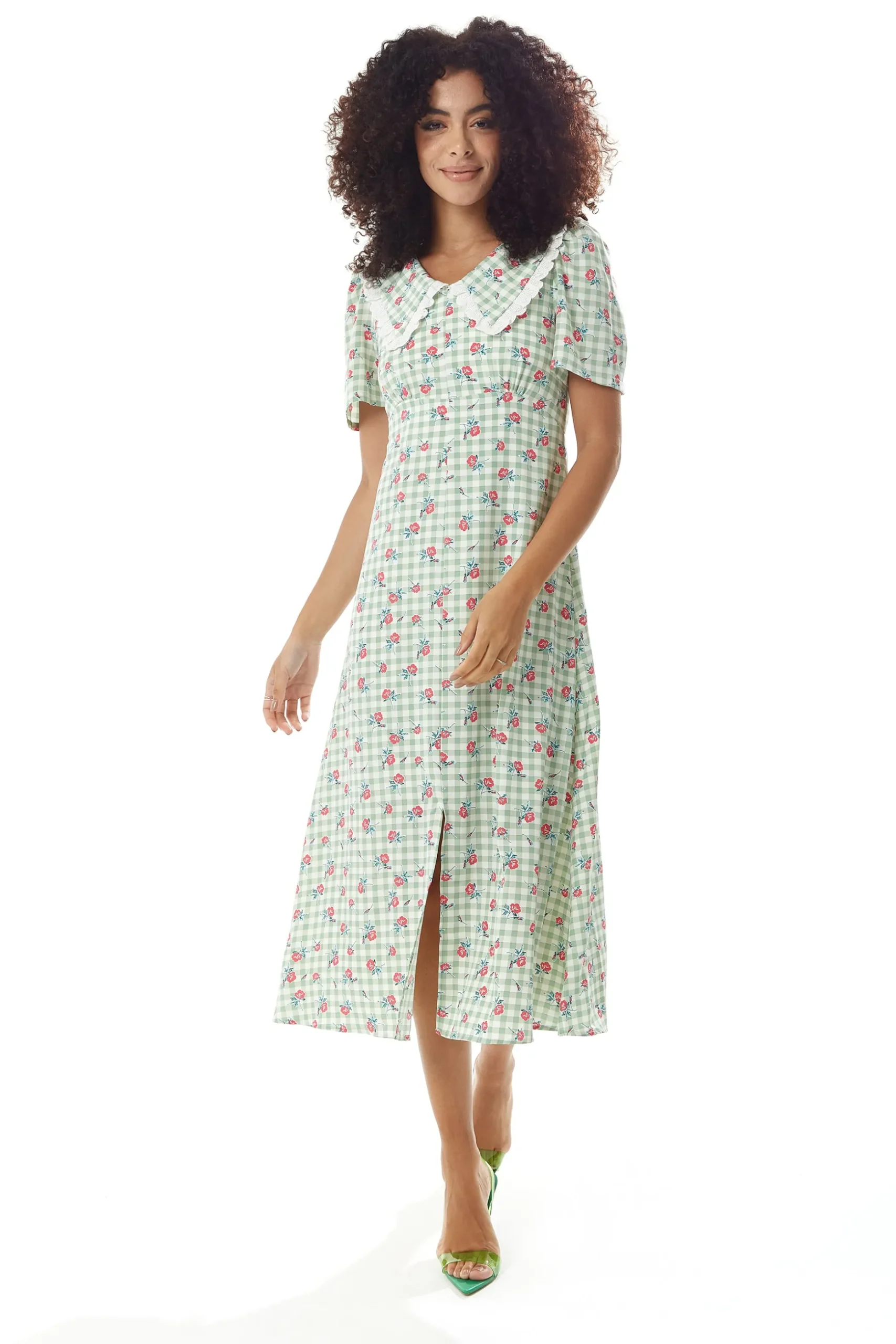 Women's Midi Dress in Green and White Gingham with Floral Print, Short Sleeves and Lace Collar - Liquorish